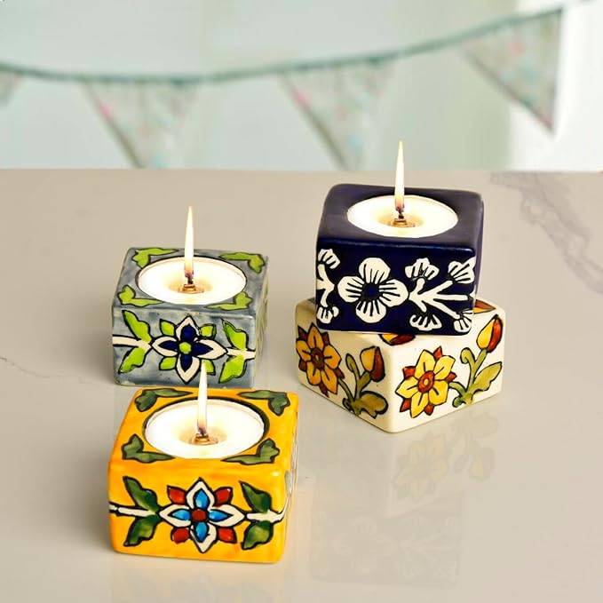 Shrija Hand Painted Ceramic Tea Light Holder for Home Decoration Perfect for Puja & Diwali Multicolour (Pack of 4)